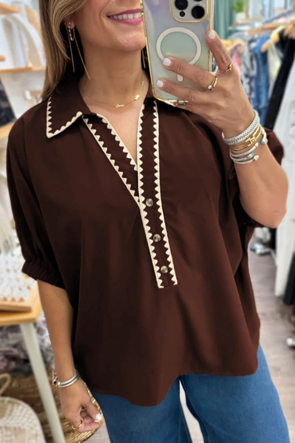 Coffee Shirt Collar Button V Neck S/S Blouse
