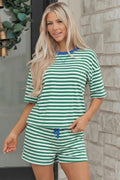 2pcs Drop Shoulder Green Stripe Short Set