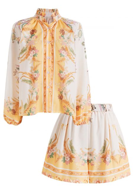 Floral Button-Front Short Set - Yellow