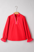 Striped Trim Ruffle Long Sleeve Blouse - Fiery Red