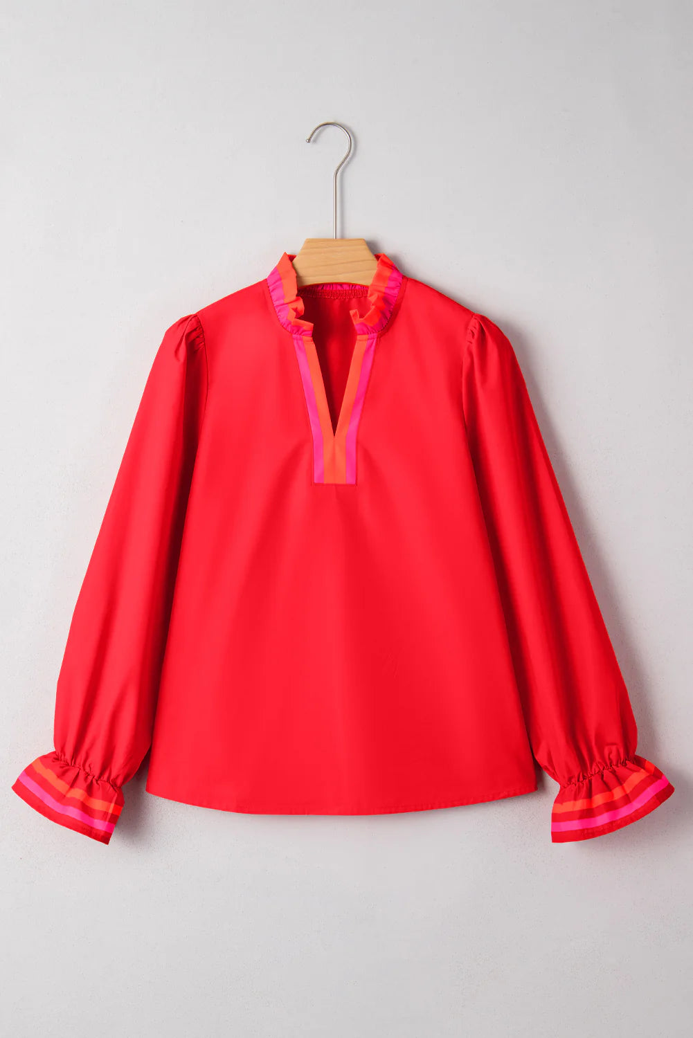 Striped Trim Ruffle Long Sleeve Blouse - Fiery Red
