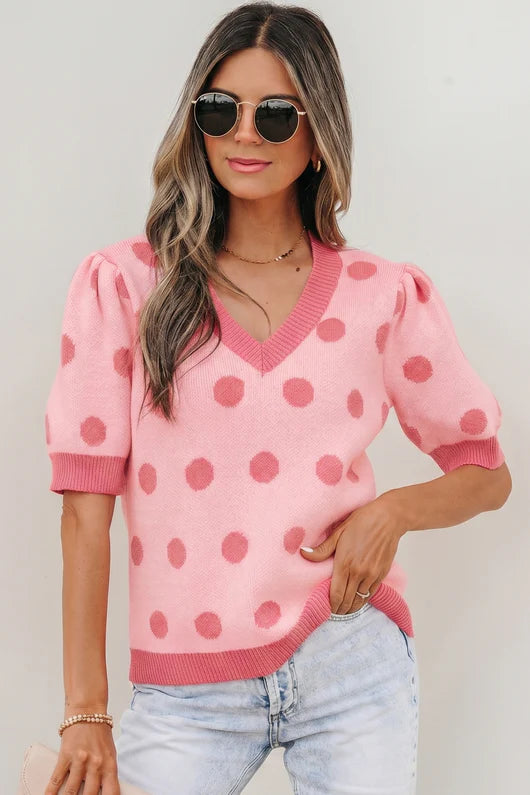 Rose Red Polka Dot Puff S/S Sweater Top
