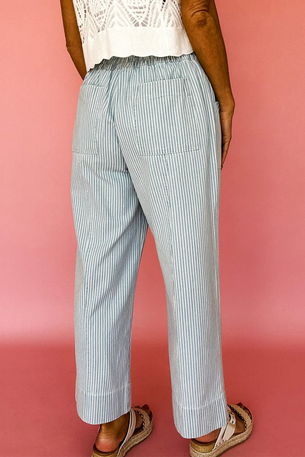 Sky Blue Stripe Mid-Rise Drawstring Jeans