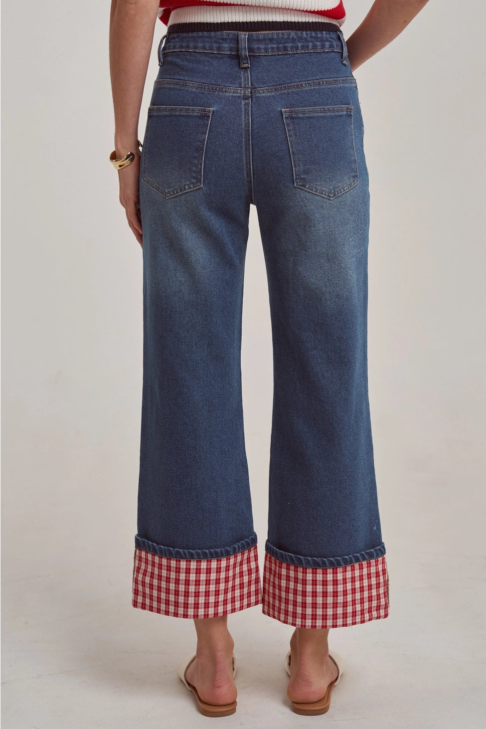 Mid Rise Straight Leg Jeans with Gingham Check Cuff Hem