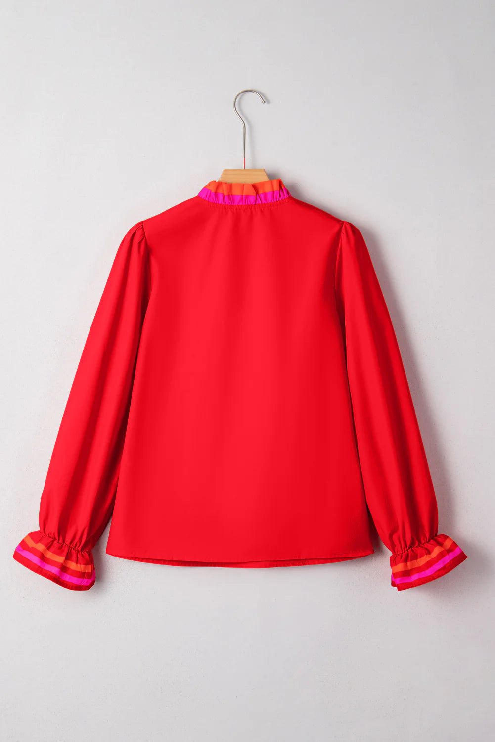 Striped Trim Ruffle Long Sleeve Blouse - Fiery Red