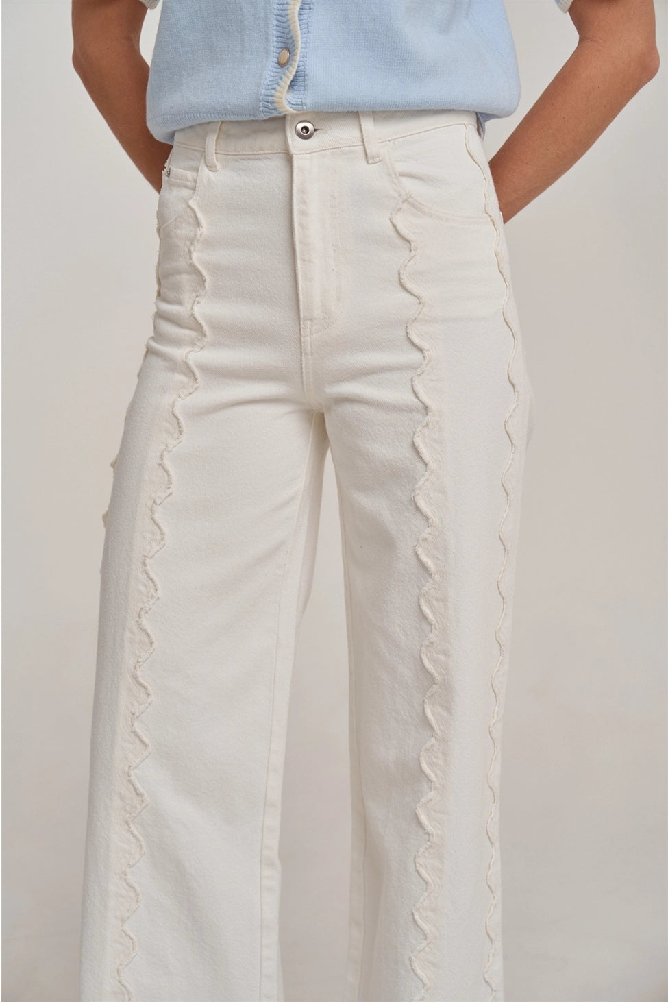 Mid Rise Wide Leg Pants with Scalloped Front Seam Detail