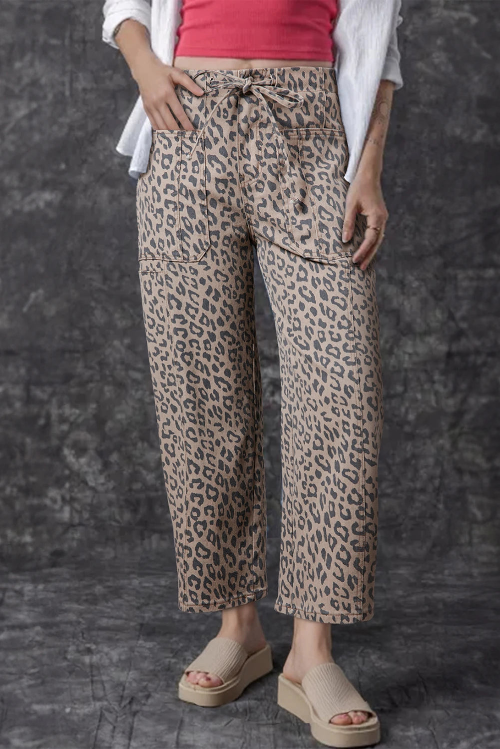 Khaki Leopard Drawstring Pocketed Barrel Jeans