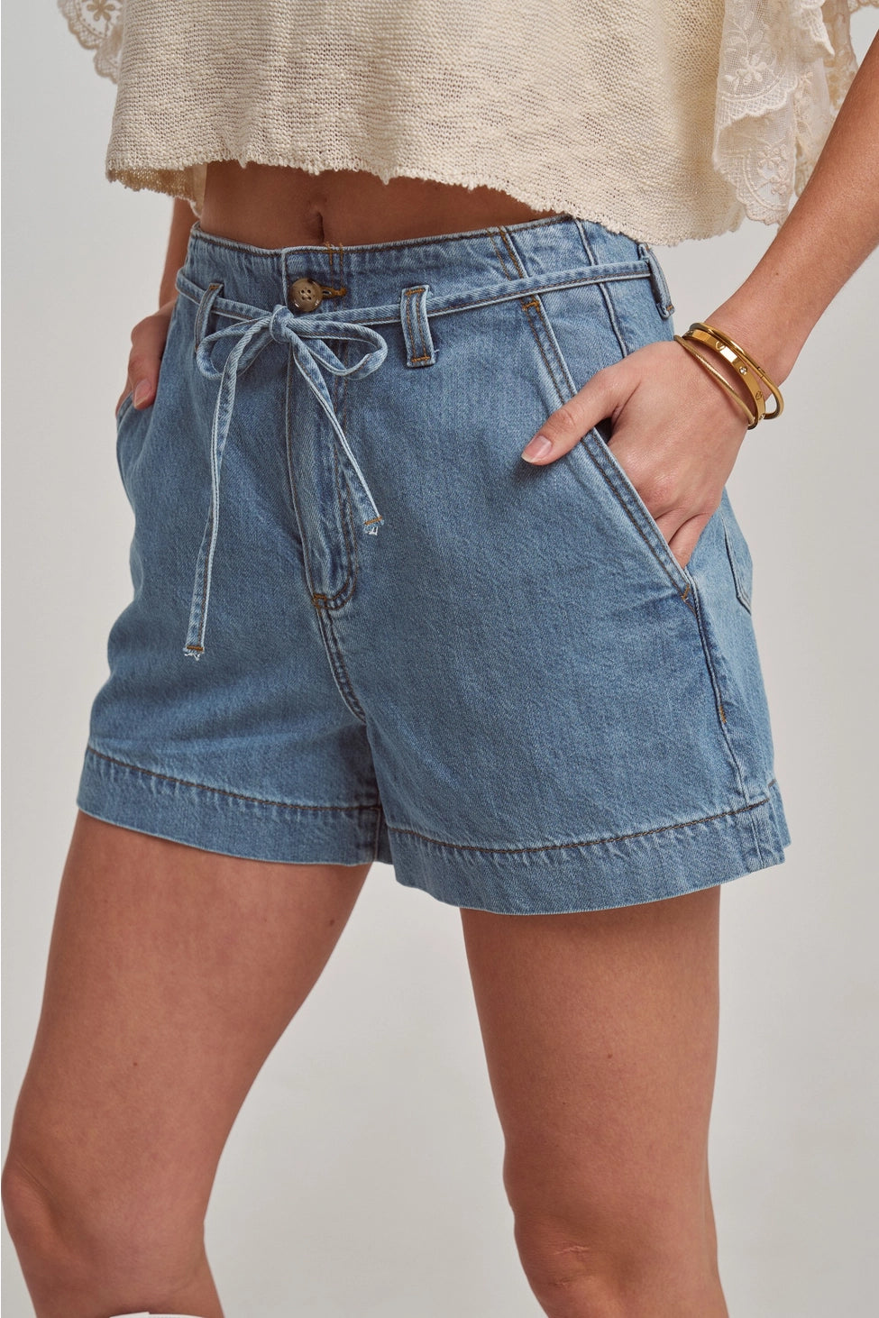 High Rise Denim Shorts with Strap Tie at the Waistband