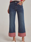 Mid Rise Straight Leg Jeans with Gingham Check Cuff Hem