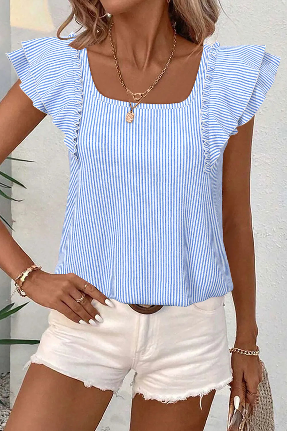 Square Neck Bow Ruffle S/S Blouse Sky Blue