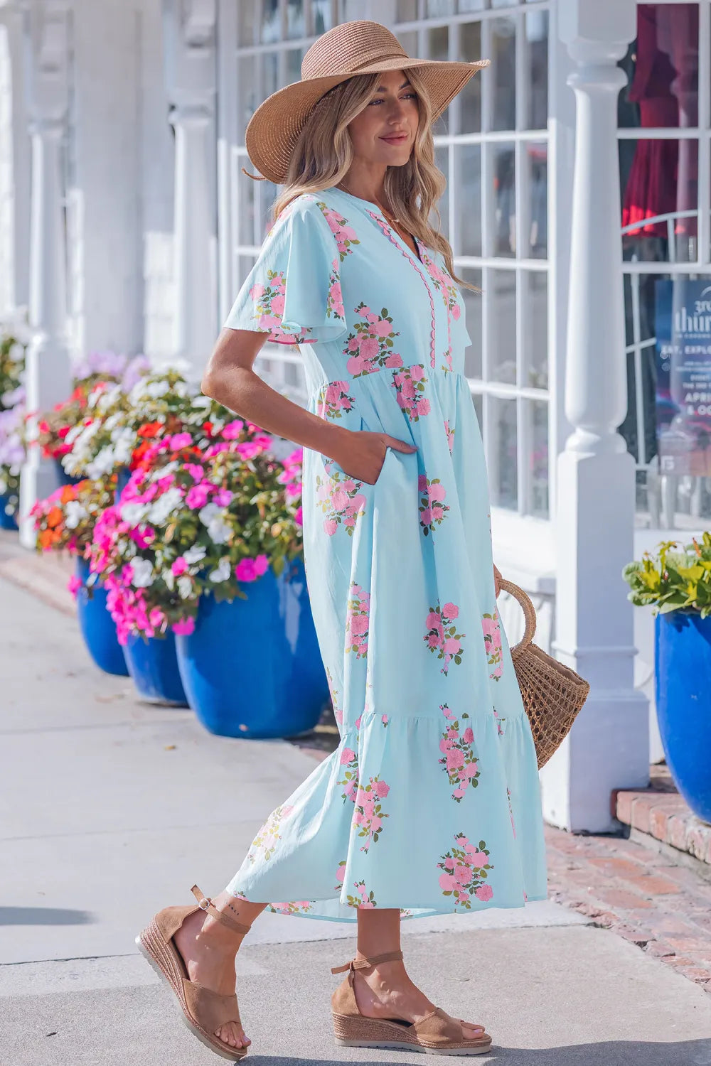 Notched Neck Flutter S/S Floral Maxi - Sky Blue