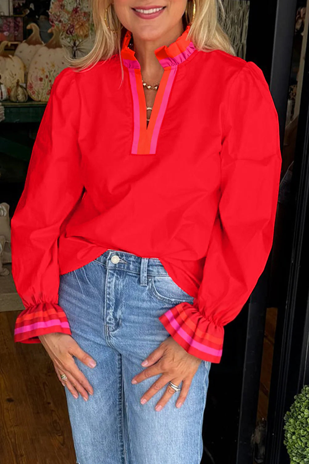 Striped Trim Ruffle Long Sleeve Blouse - Fiery Red