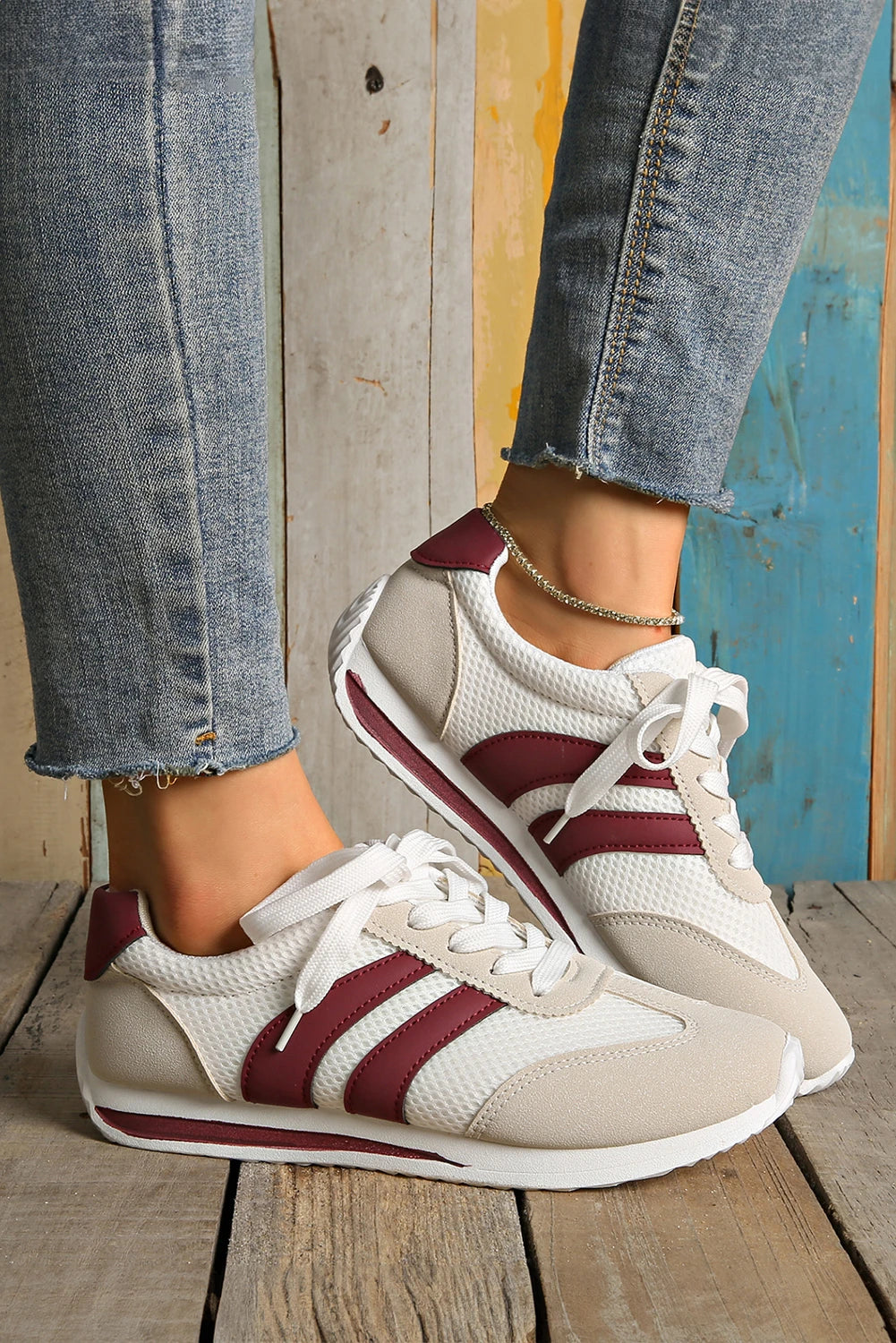 White Color Block Breathable Lace-Up Sneakers