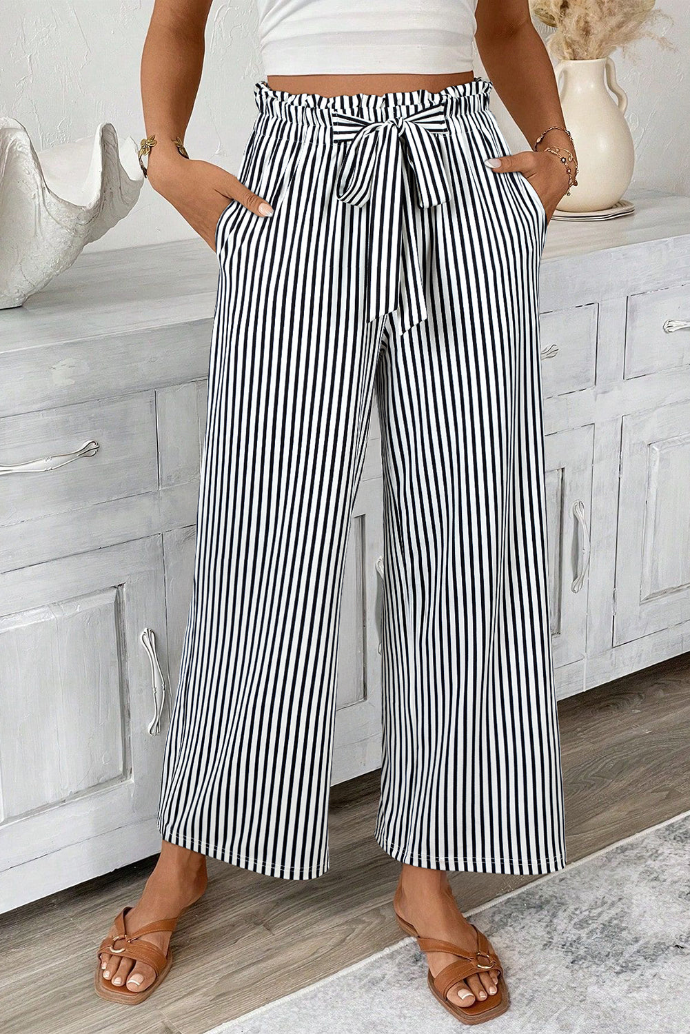 Black Stripe Tied High Waist Casual Pants