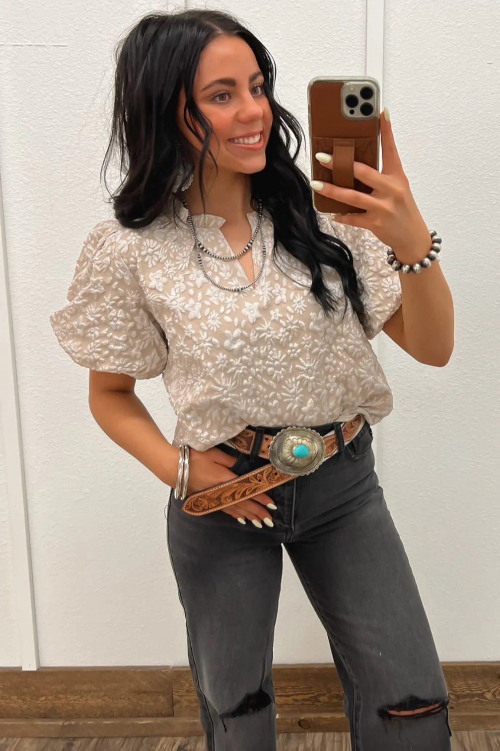 Beige Floral Jacquard Puff Sleeve Blouse