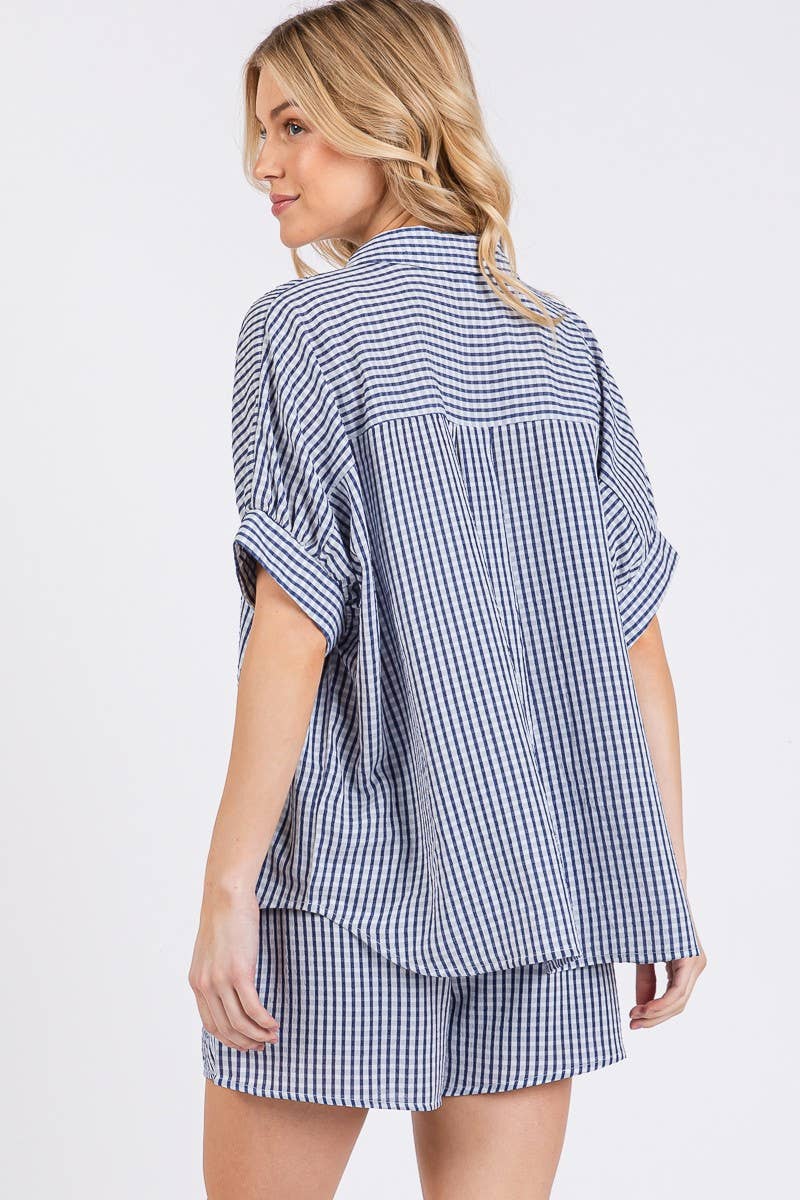 Mini Checker Button Down Short Set - Navy