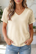 Beige Lace V Neck Waffle Knit Blouse