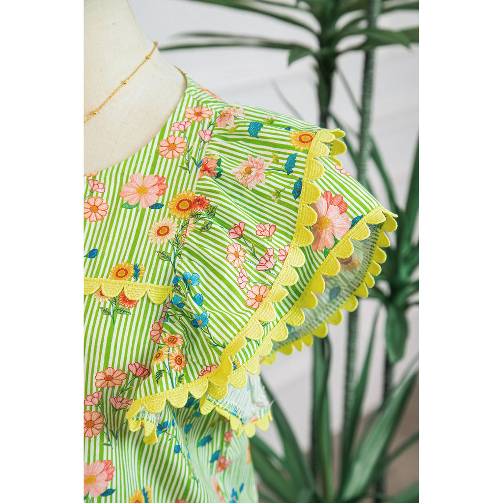Green Floral Print Scalloped Ruffle S/S