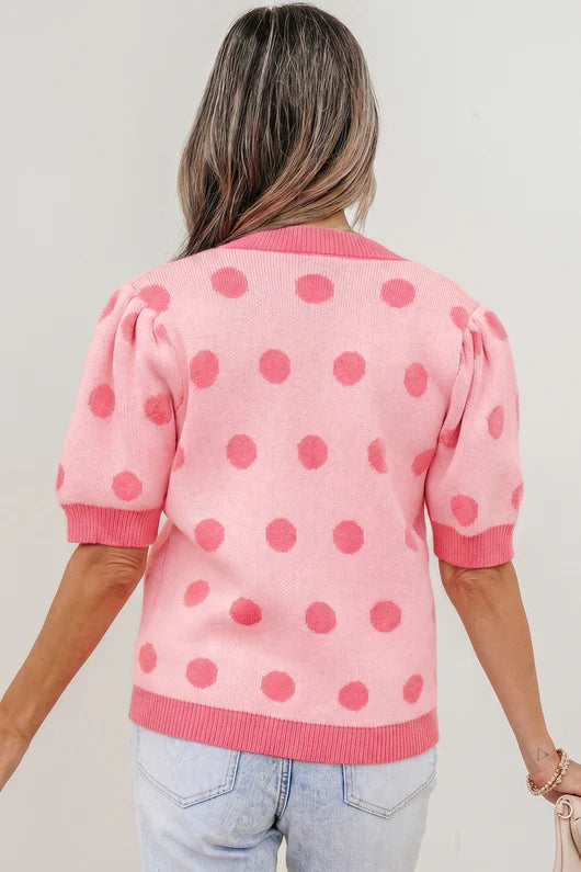 Rose Red Polka Dot Puff S/S Sweater Top