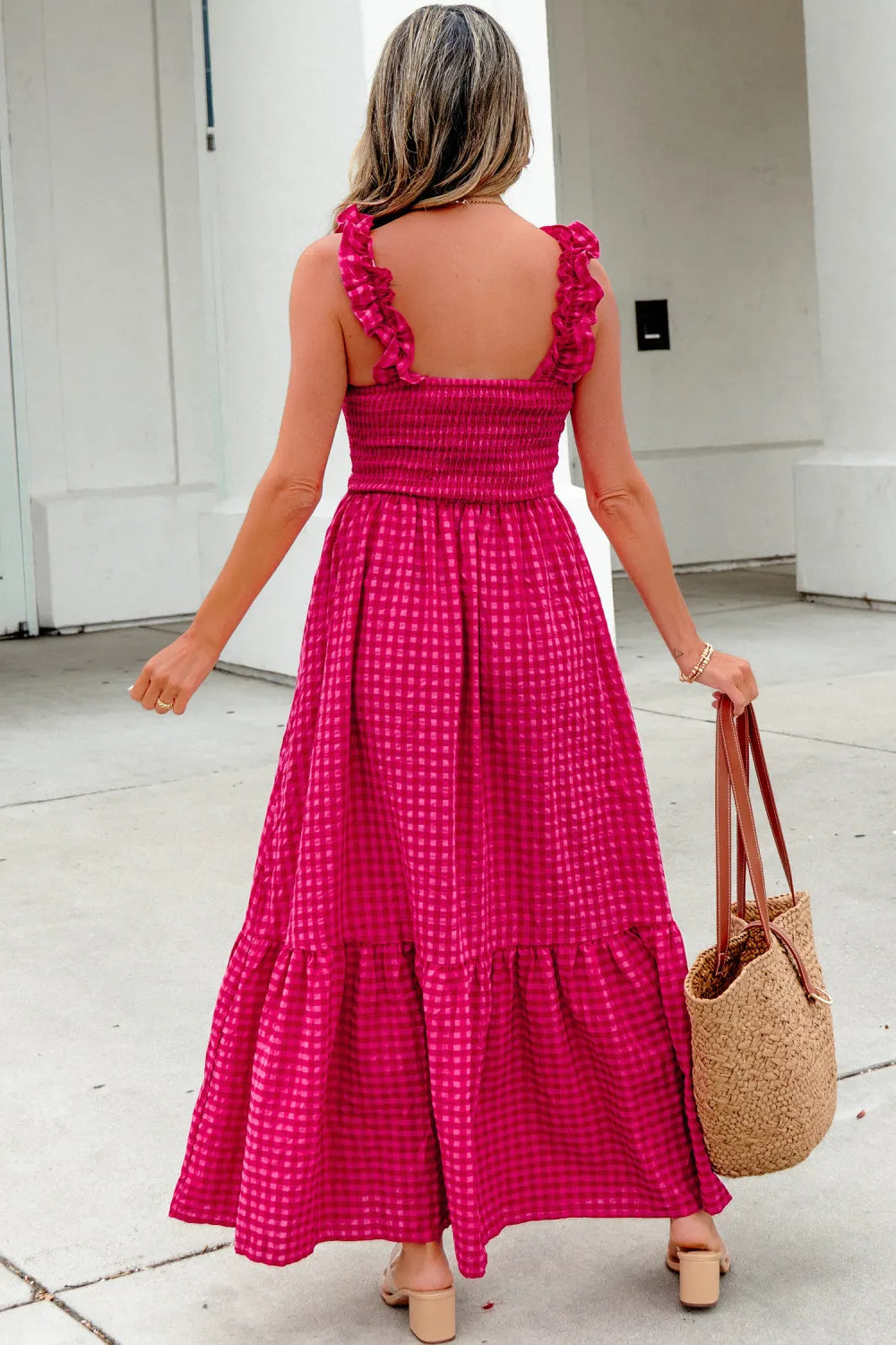 Red Plaid Square Neck Fit-and-Flared Sundress