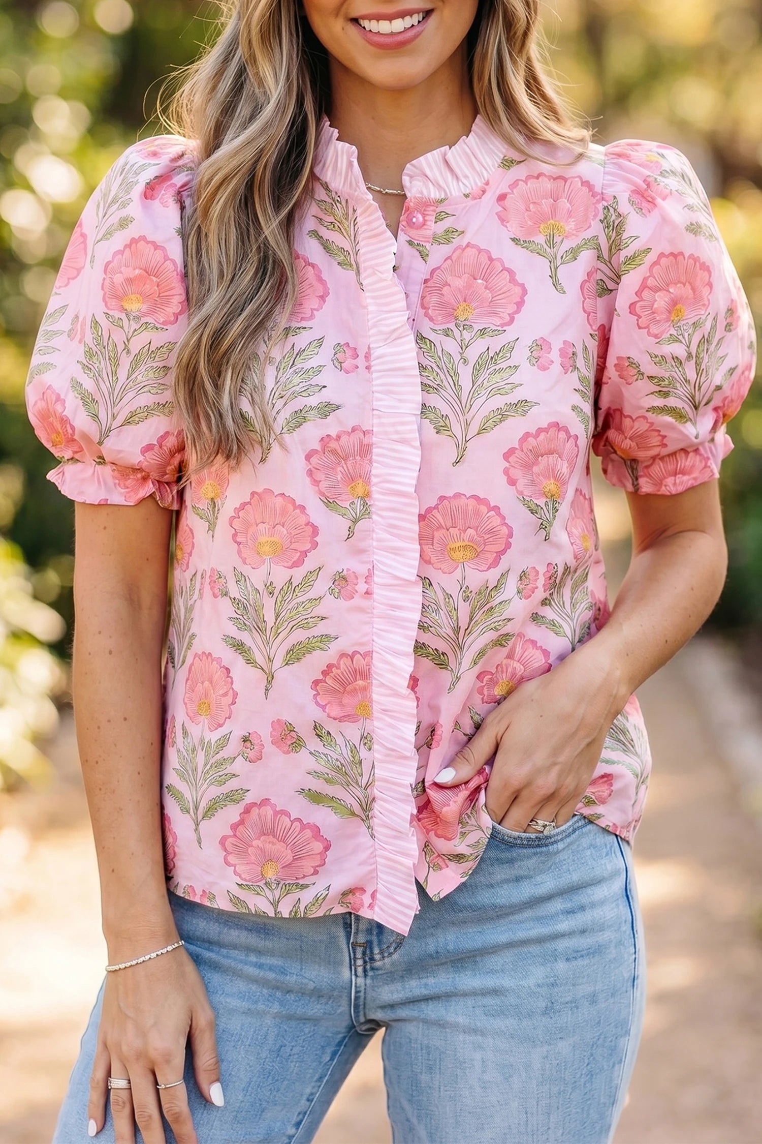 Sweet Blooms Puff Sleeve Shirt - Pink