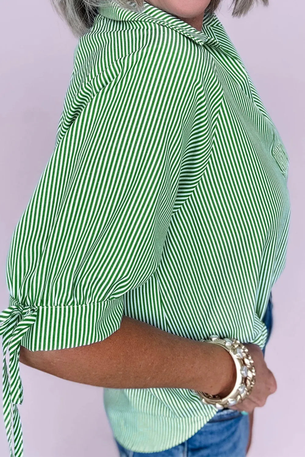 Mint Green Striped Half Sleeve Blouse