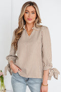Coffee Striped Tie Cuff Split Neck Blouse
