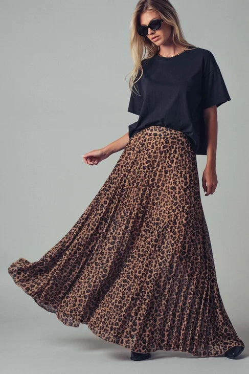 Leopard Print Pleated A-Line Midi Skirt