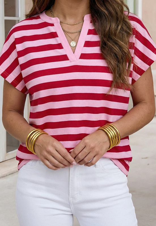 Split V Neck Casual T Shirt Pink Stripe