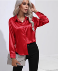 Satin Button Up Blouse - Red