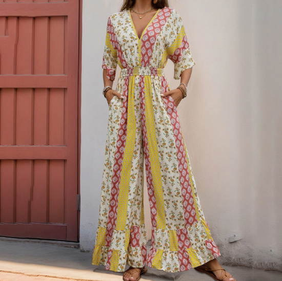 Bohemian Print Vintage Waist- Tie High-Waisted Jumpsuit