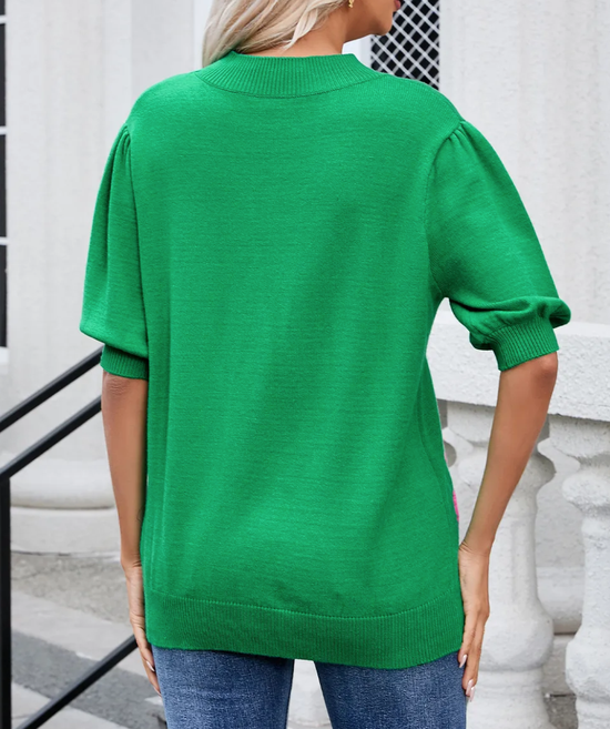 Bright Green Floral Bubble Short Sleeve Sweater