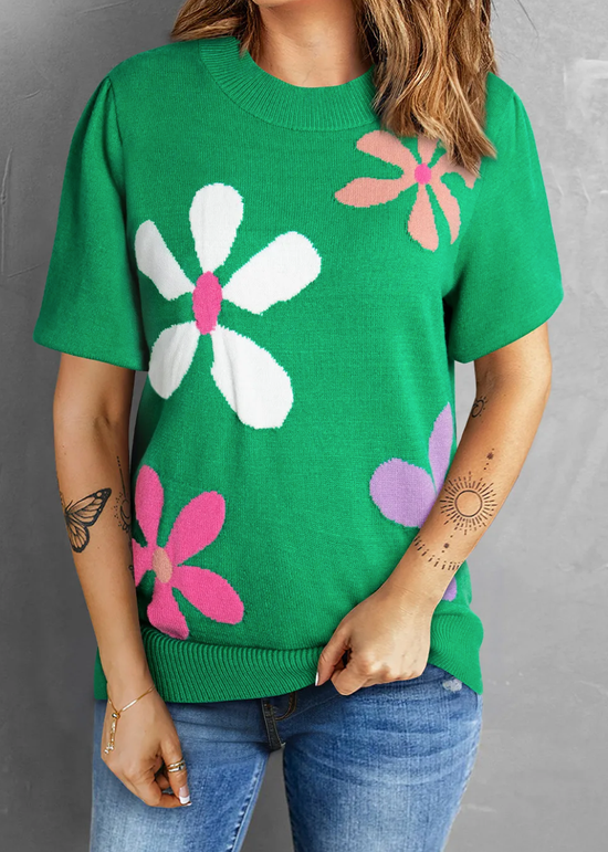 Bright Green Floral Bubble Short Sleeve Sweater