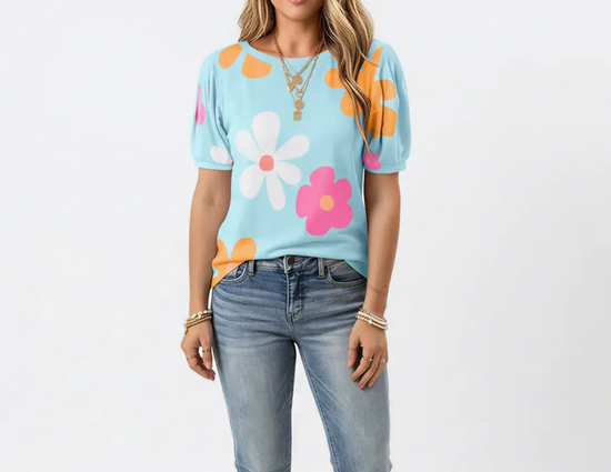 Blue Floral Print Short Sleeve Casual Loose Summer T Shirt