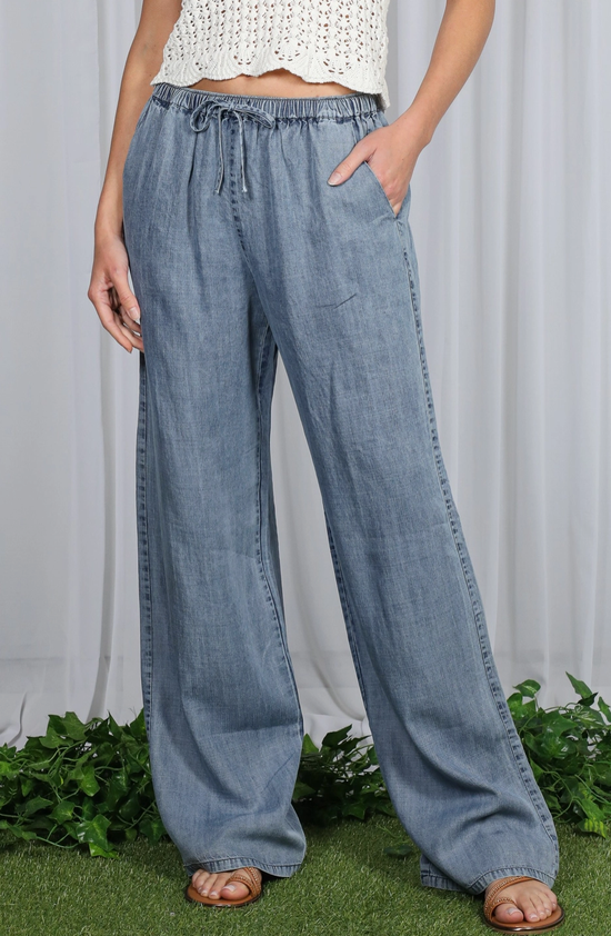 Casual Flowy Wide Leg Tencel Chambray Washed Pants