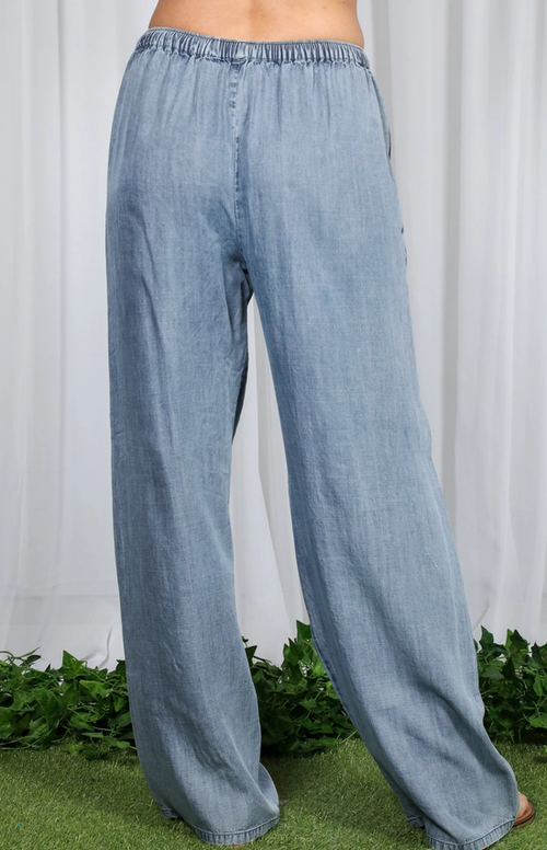 Casual Flowy Wide Leg Tencel Chambray Washed Pants