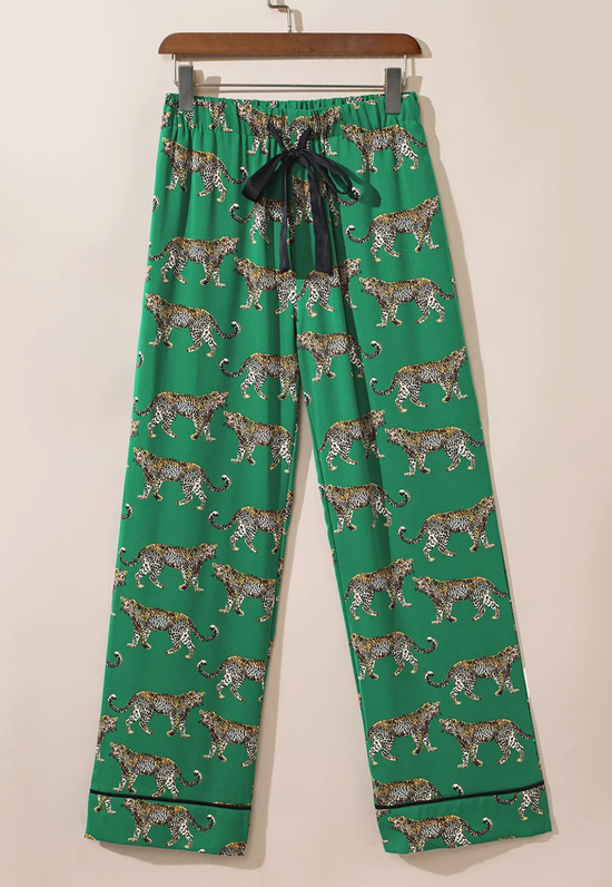 Green Cheetah Print Short Sleeve Shirt and Pants Pajama Set