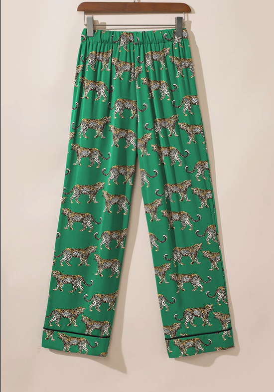 Green Cheetah Print Short Sleeve Shirt and Pants Pajama Set
