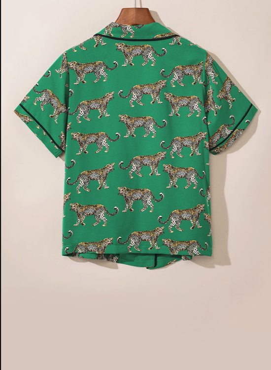 Green Cheetah Print Short Sleeve Shirt and Pants Pajama Set