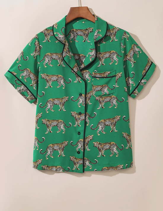 Green Cheetah Print Short Sleeve Shirt and Pants Pajama Set