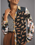 Patchwork Floral & Animal Print Button-Down Shirt