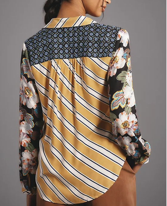 Patchwork Floral & Animal Print Button-Down Shirt