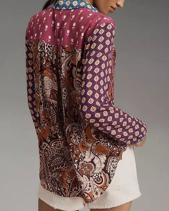 Patchwork Floral & Animal Print Button-Down Shirt