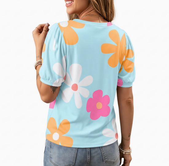 Blue Floral Print Short Sleeve Casual Loose Summer T Shirt