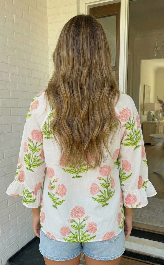 Wild Flower Print V-Neck 3/4 Sleeve Blouse