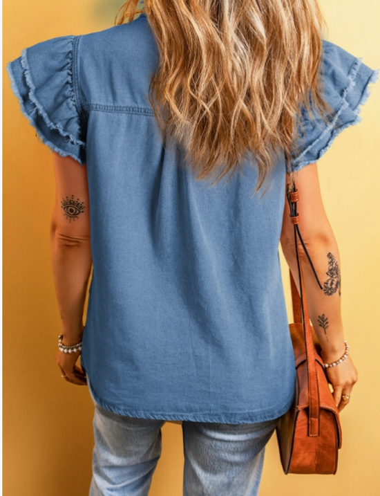 Beau Blue Button Front Ruffled Flutter Frayed Denim Top