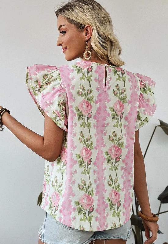 Pink Floral Print Ruffled Sleeve Summer Top