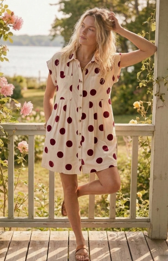 Polka Dot Button Down Pleated Poplin Mini Dress
