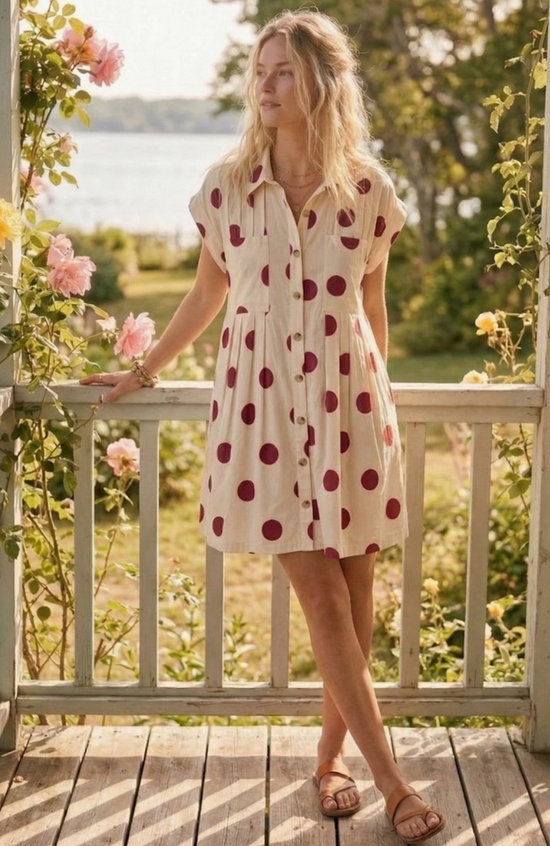 Polka Dot Button Down Pleated Poplin Mini Dress