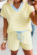 Yellow Stripe Colorblock Trim V Neck Tee Drawstring Elastic Waist Short Set